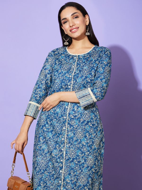 Globus Women Blue Floral Print Round Neck Cotton Casual A-Line Kurta