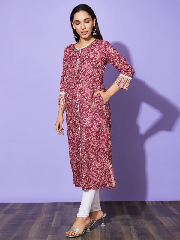 Globus Women Wine Floral Print Round Neck Cotton Casual A-Line Kurta