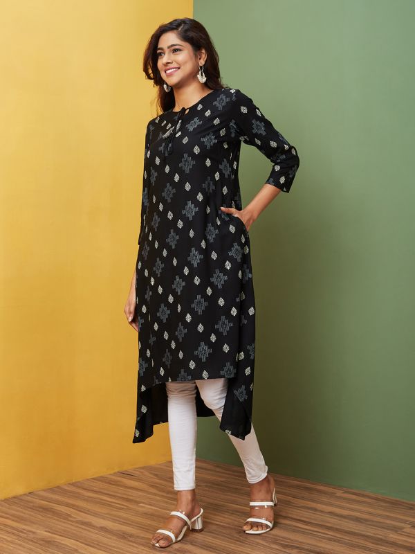 Globus Women Black Printed Tie-Up Neck A-Line Kurta