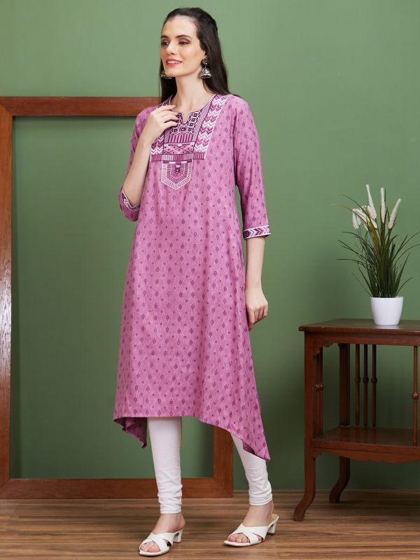 Globus Women Purple Embroidered Yoke Ethnic Motifs Round Neck Casual A-Line Kurta