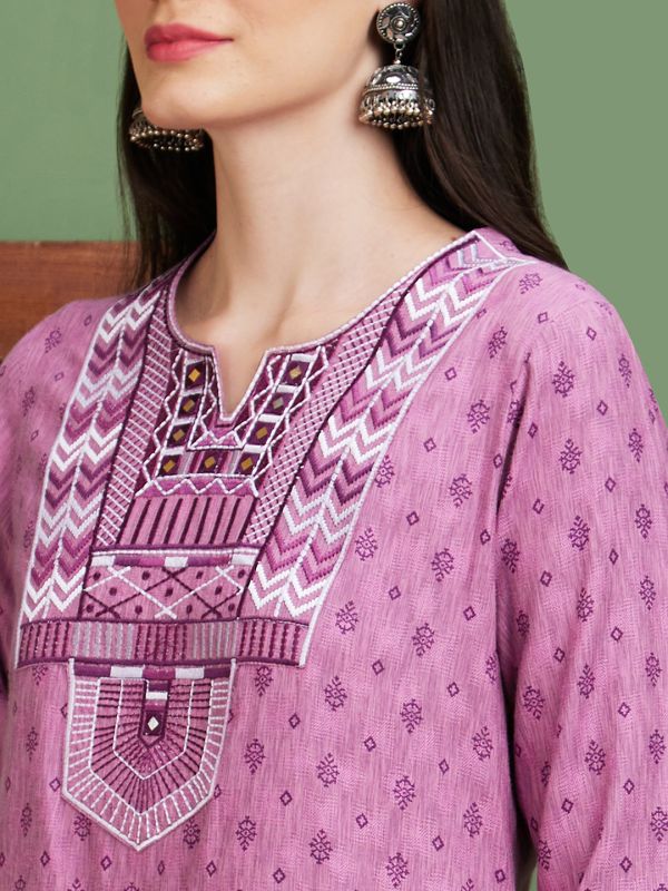 Globus Women Purple Embroidered Yoke Ethnic Motifs Round Neck Casual A-Line Kurta