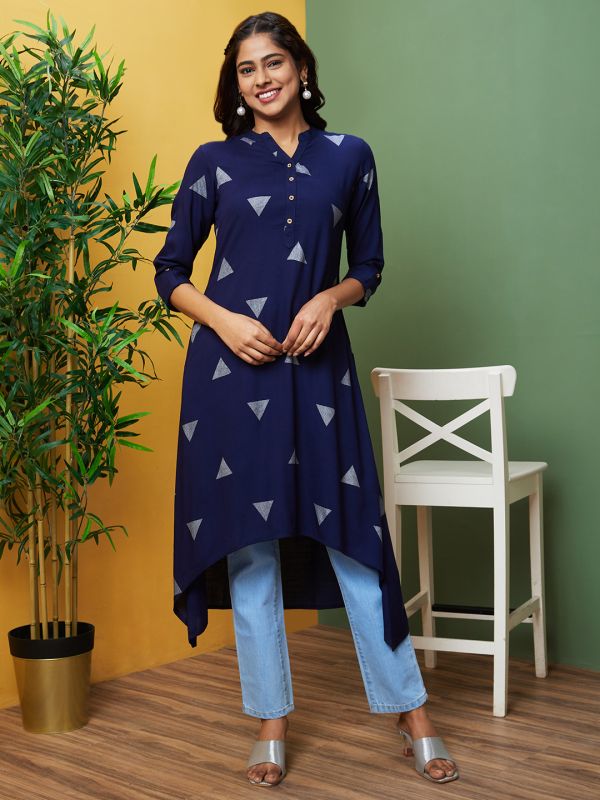 Globus Women Blue Printed Mandarin Collar A-Line Kurta