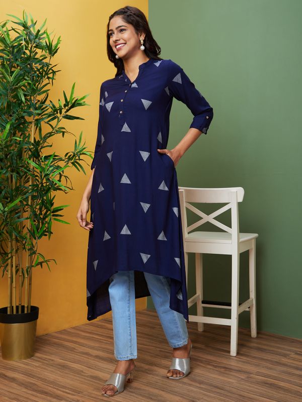 Globus Women Blue Printed Mandarin Collar A-Line Kurta