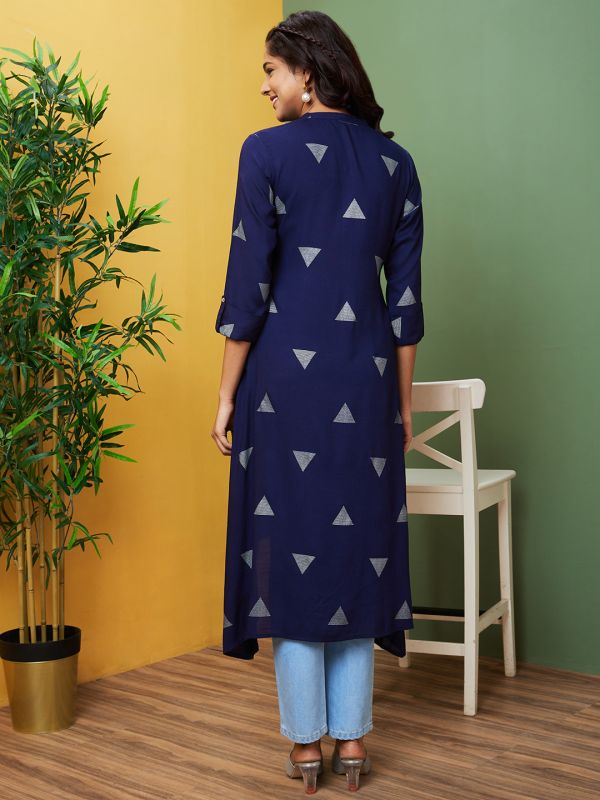 Globus Women Blue Printed Mandarin Collar A-Line Kurta