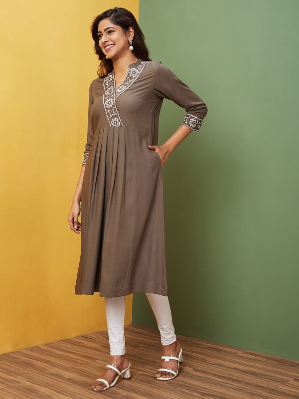 Globus Women Taupe Embroidered V-Neck A-Line Kurta