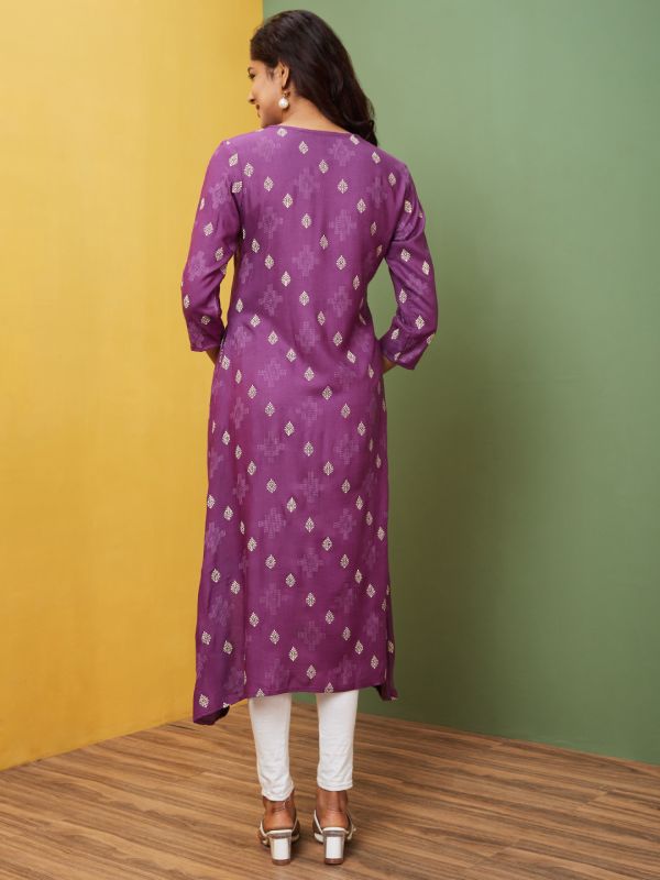 Globus Women Purple Printed Tie-Up Neck A-Line Kurta