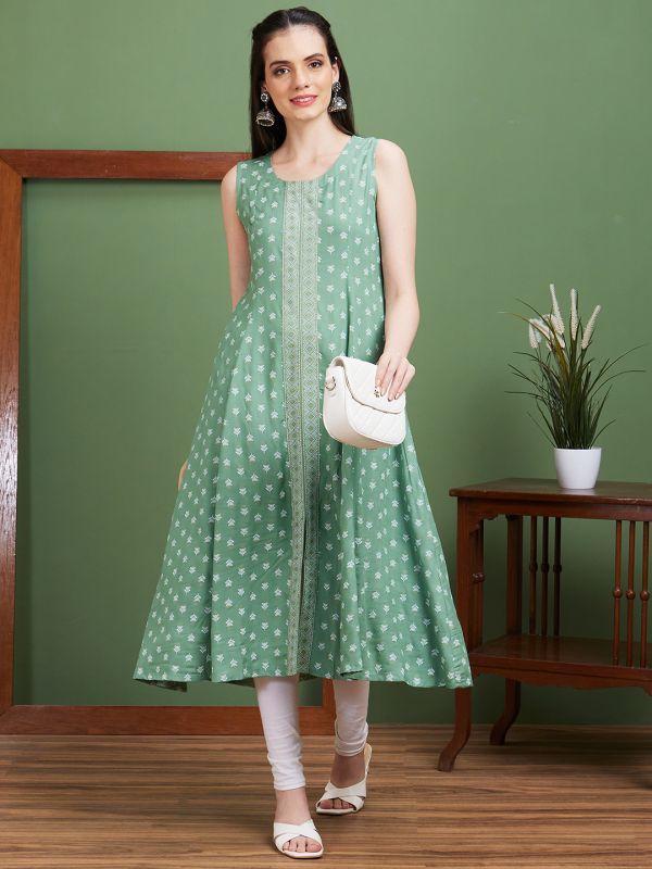 Globus Women Green Floral Print Front Slit Flared Hem Panelled A-Line Kurta