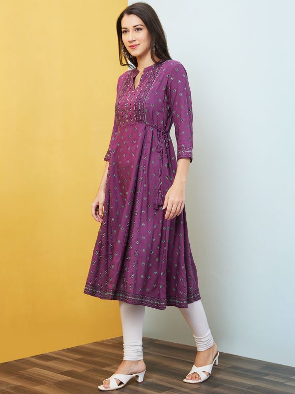 Globus Women Purple Mandarin Collar Ethnic Motifs Waist Tie-Ups Panelled A-Line Kurta