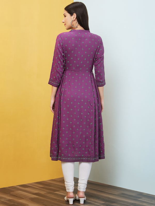 Globus Women Purple Mandarin Collar Ethnic Motifs Waist Tie-Ups Panelled A-Line Kurta