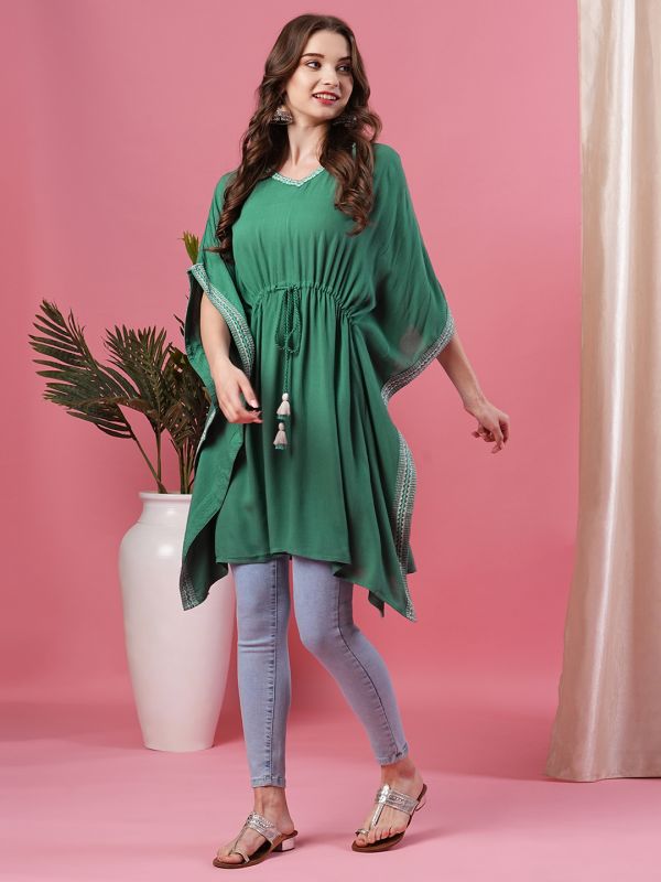 Globus Women Green V-Neck Embroidered With Elbow Length Kaftan Above Knee Fusion Kaftan Kurta