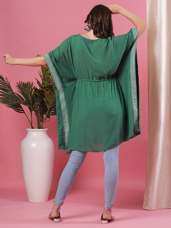 Globus Women Green V-Neck Embroidered With Elbow Length Kaftan Above Knee Fusion Kaftan Kurta