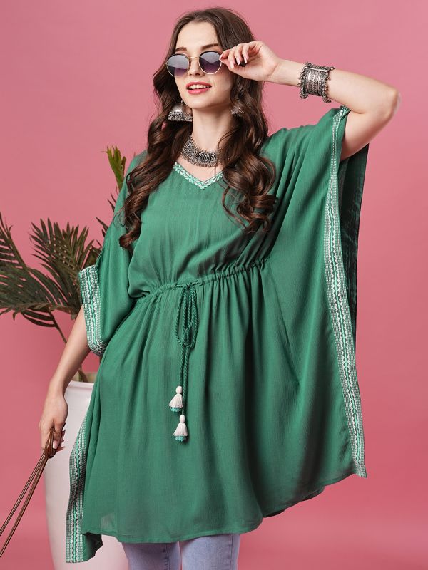 Globus Women Green V-Neck Embroidered With Elbow Length Kaftan Above Knee Fusion Kaftan Kurta