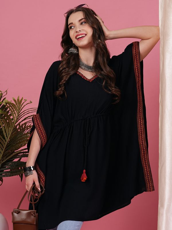 Globus Women Black V-Neck Embroidered With Elbow Length Kaftan Above Knee Fusion Kaftan Kurta