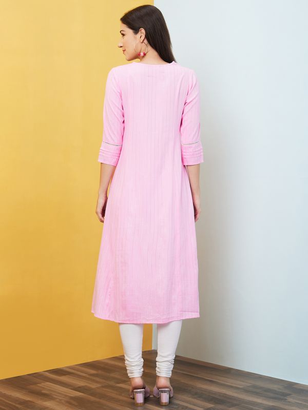 Globus Women Pink Woven Design Round Neck Embroidered Yoke A-Line Panelled Kurta