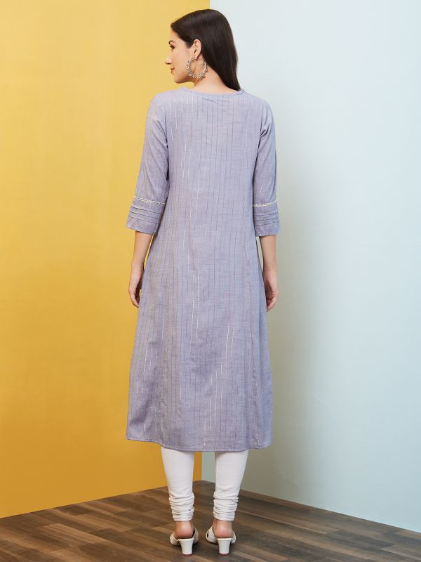 Globus Women Grey Woven Design Round Neck Embroidered Yoke A-Line Panelled Kurta