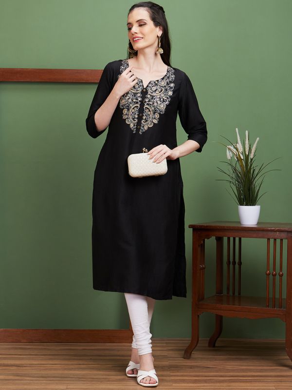 Globus Women Black Floral Embroidered Yoke Polyester Round Neck Casual Straight Kurta