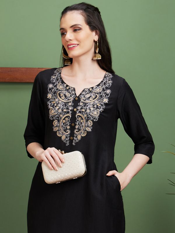 Globus Women Black Floral Embroidered Yoke Polyester Round Neck Casual Straight Kurta