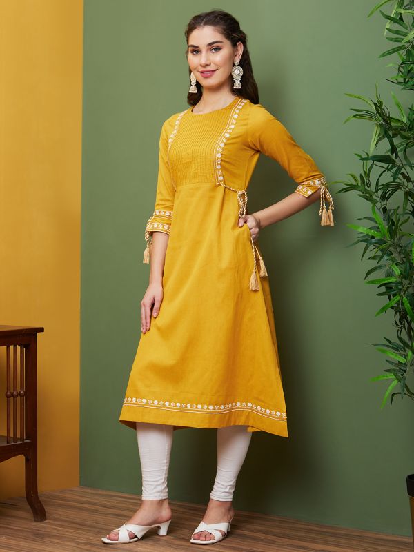 Globus Women Yellow Floral Embroidered & Accordion Pleated Yoke A-Line Kurta