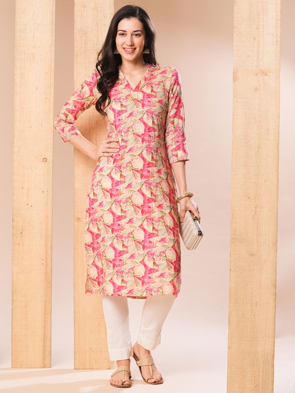 Globus Women Pink Allover Printed & Swarovski Studded Straight Kurta