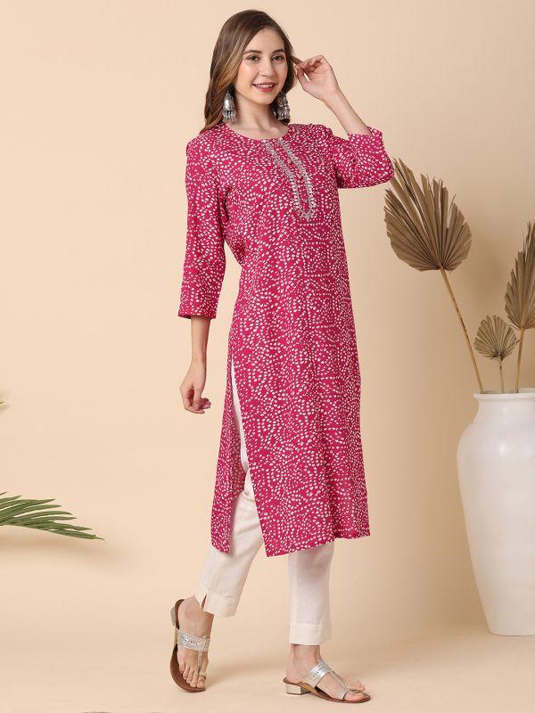 Globus Women Pink Bandhani Print Straight Kurta