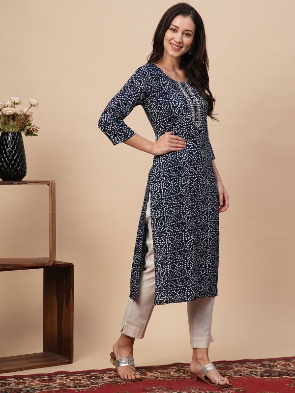 Globus Women Blue Allover Bandhani Print Straight Kurta