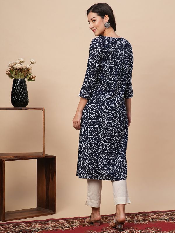 Globus Women Blue Allover Bandhani Print Straight Kurta