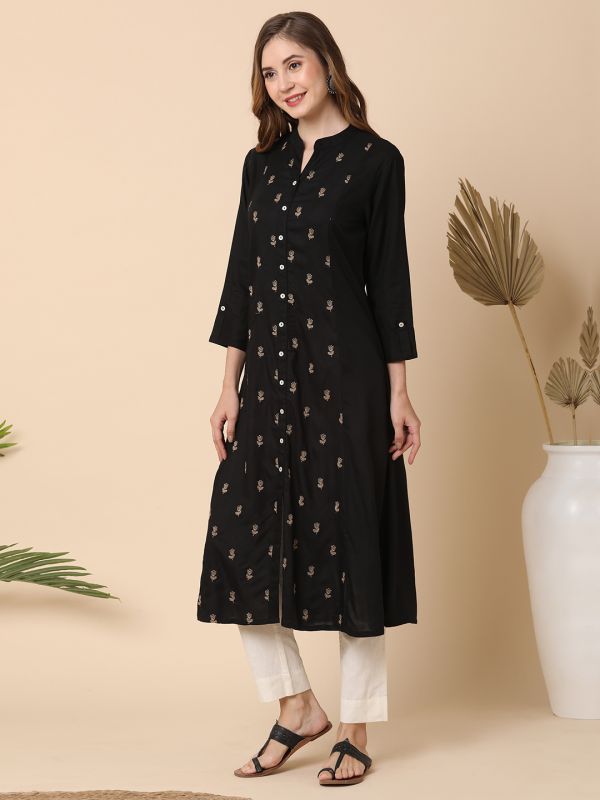 Globus Women Black Mandarin Collar Floral Embroidered Panelled A-Line Kurta