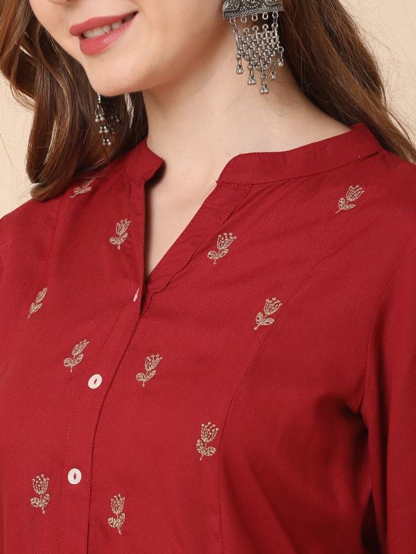 Globus Women Maroon Mandarin Collar Floral Embroidered Panelled A-Line Kurta