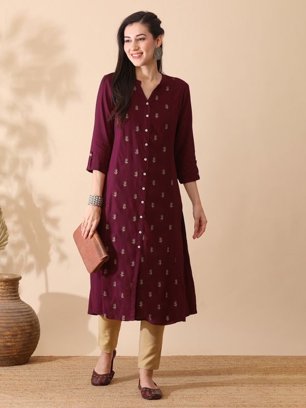 Globus Women Purple Mandarin Collar Floral Embroidered Panelled A-Line Kurta