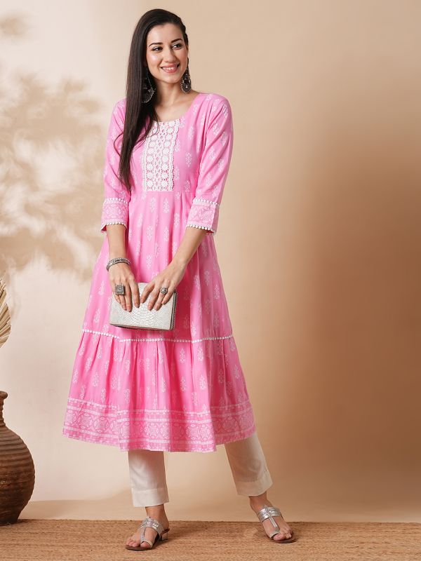 Globus Women Pink Allover Printed Lacework Flared Hem Panelled A-Line Workwear Kurta