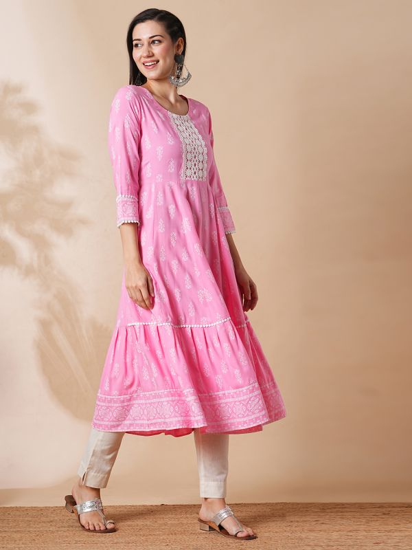 Globus Women Pink Allover Printed Lacework Flared Hem Panelled A-Line Workwear Kurta