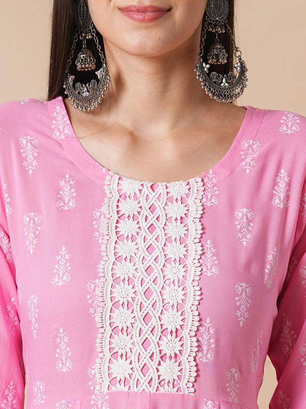 Globus Women Pink Allover Printed Lacework Flared Hem Panelled A-Line Workwear Kurta