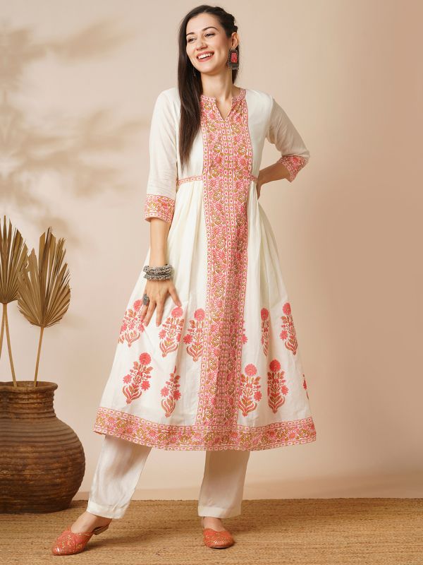 Globus Women Off-White Floral Printed Waist Tie-Up Panelled A-Line Calf Length Ethnic Kurta 