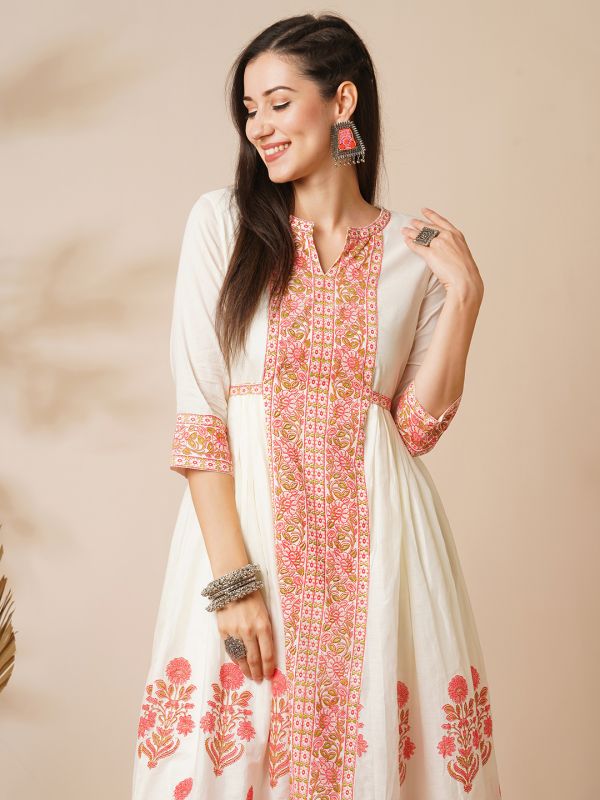 Globus Women Off-White Floral Printed Waist Tie-Up Panelled A-Line Calf Length Ethnic Kurta 