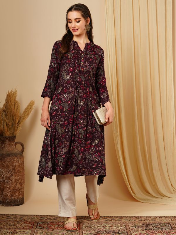 Globus Women Purple Mandarin Collar Floral Printed Pleated A-Line Workwear Kurta