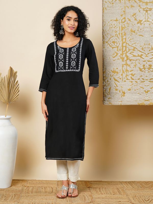 Globus Women Black Round Neck Embroidered Yoke Straight Workwear Kurta