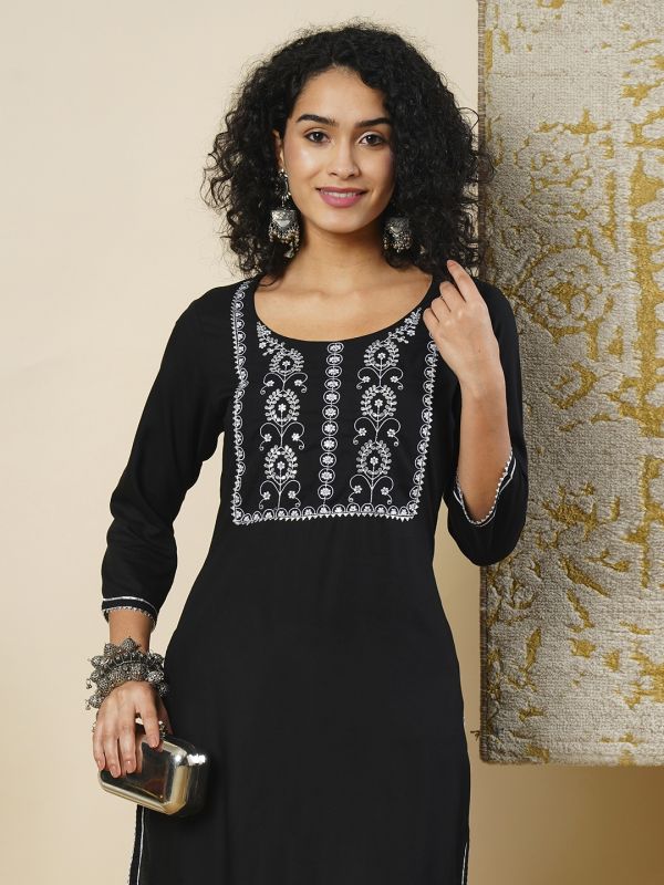 Globus Women Black Round Neck Embroidered Yoke Straight Workwear Kurta