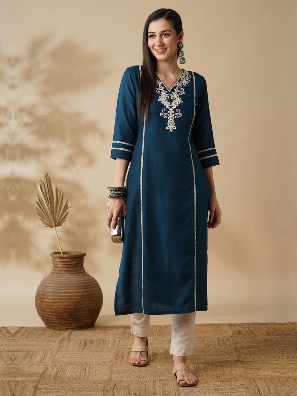 Globus Women Blue V-Neck Embroidered Yoke Panelled Lace Insert Straight Workwear  Kurta