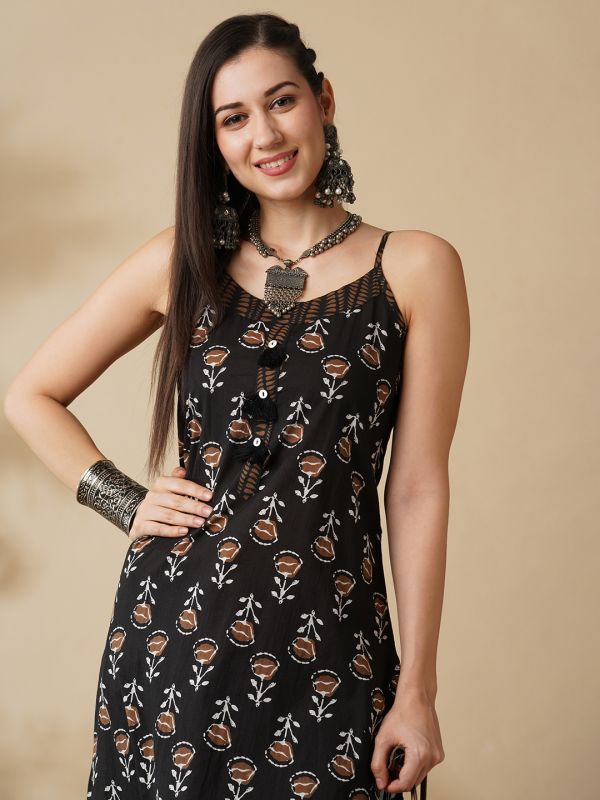 Globus Women Black Allover Printed Round Neck Adjustable Strappy Shoulder A-Line Calf Length Kurta