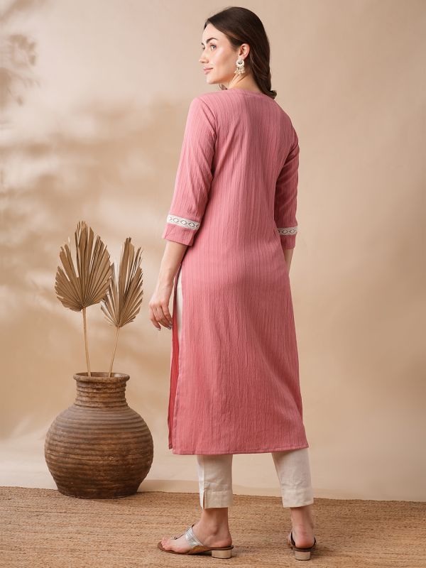 Globus Women Pink Sequinned & Floral Embroidered Yoke Structured Fabric Straight Workwear Kurta