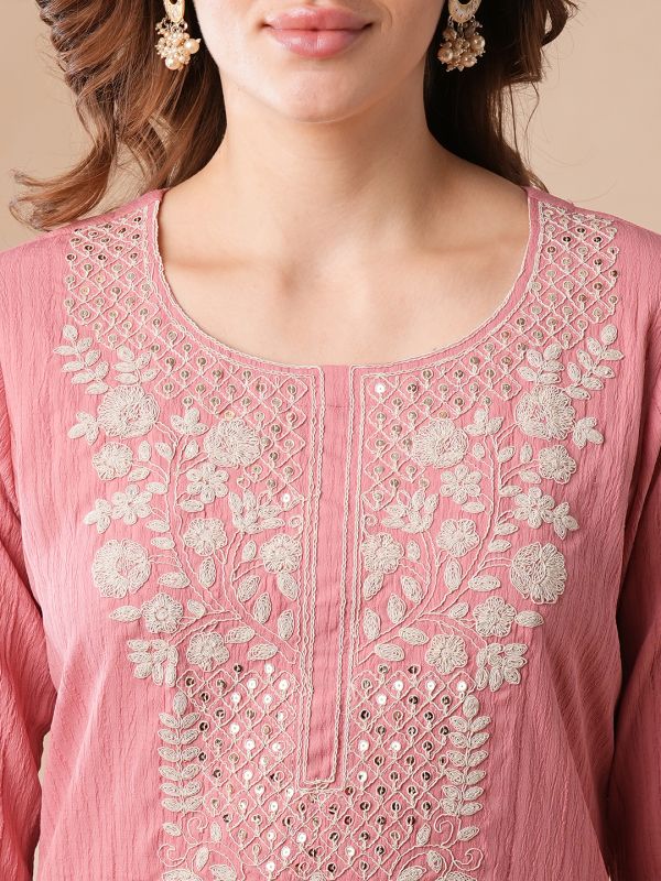 Globus Women Pink Sequinned & Floral Embroidered Yoke Structured Fabric Straight Workwear Kurta