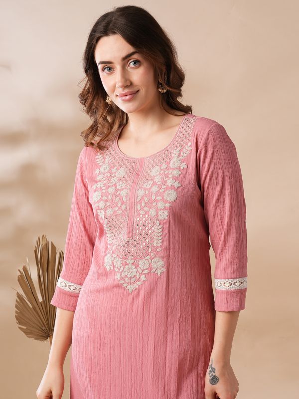 Globus Women Pink Sequinned & Floral Embroidered Yoke Structured Fabric Straight Workwear Kurta