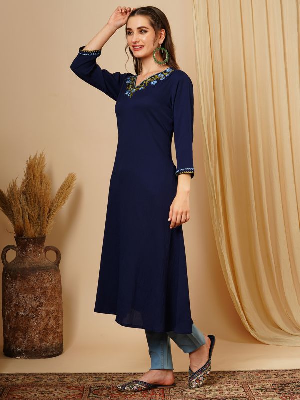 Globus Women Blue Floral Embroidered V-Neck A-Line Workwear Kurta