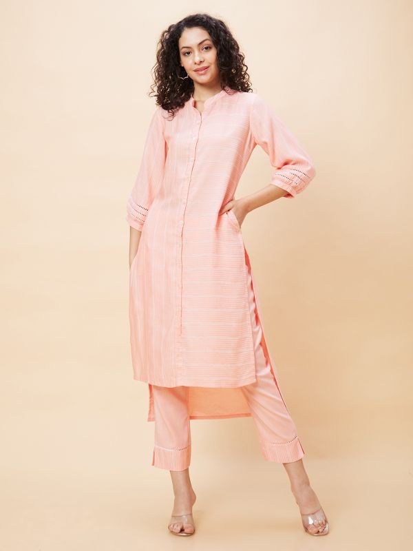 Globus Women Peach Striped Mandarin Collar High Low Dobby Straight Fusion Kurta Set with Trouser