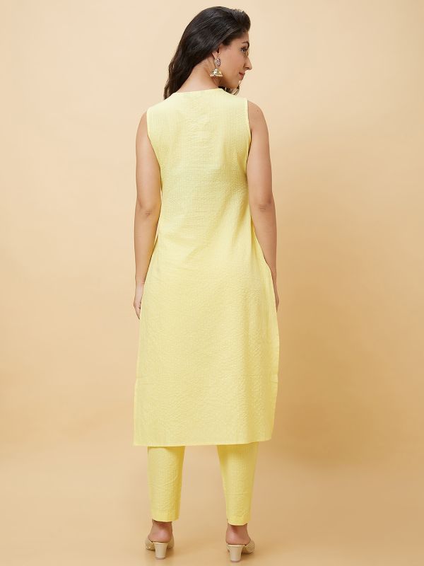 Globus Women Yellow Woven Design Yoke Embroidered Fusion A-Line Kurta Set With Trouser