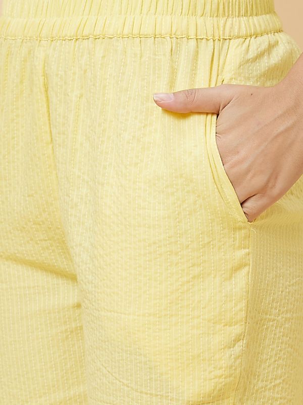 Globus Women Yellow Woven Design Yoke Embroidered Fusion A-Line Kurta Set With Trouser