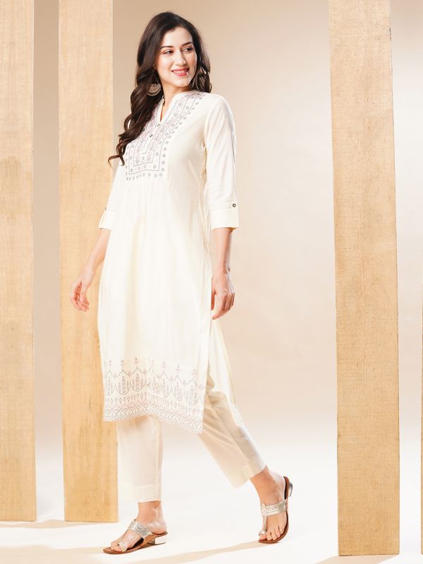 Globus Women Off-White Embroidered Yoke A-Line Workwear Kurta & Pant Set