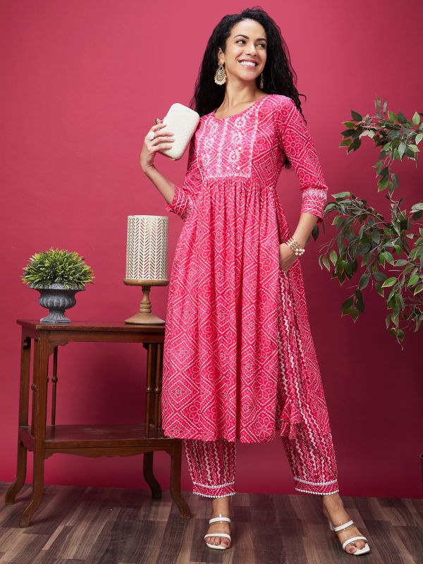 Globus Women Pink Ethnic Motifs Print Kurta Set with Trouser