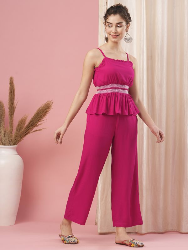 Globus Women Pink Co-Ord Set With Strappy Square Neck Top & Straight Pants