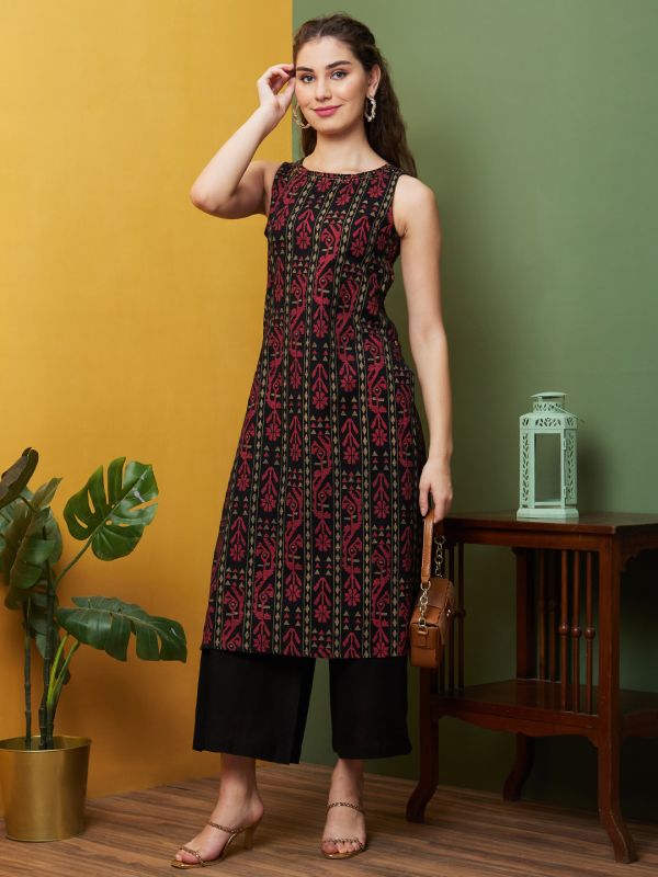 Globus Women Black Ethnic Motifs Kantha Work Round Neck Straight Kurta & Wide Leg Trouser Set